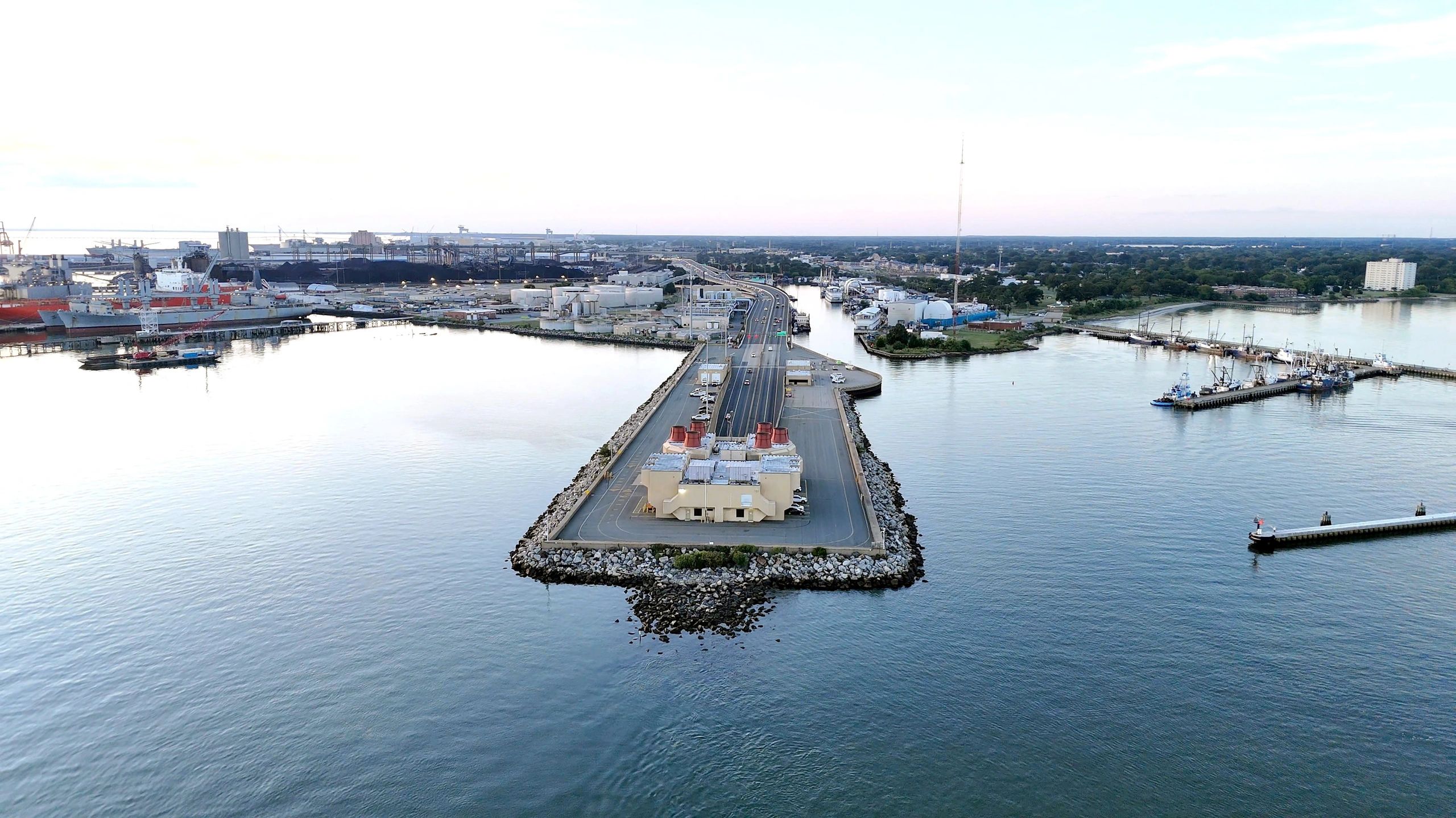 Aerial view of Hampton Roads bridge-tunnel over the water in Virginia