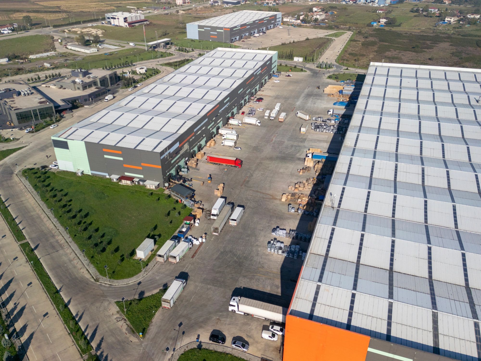 Aerial view of warehouses and distribution center